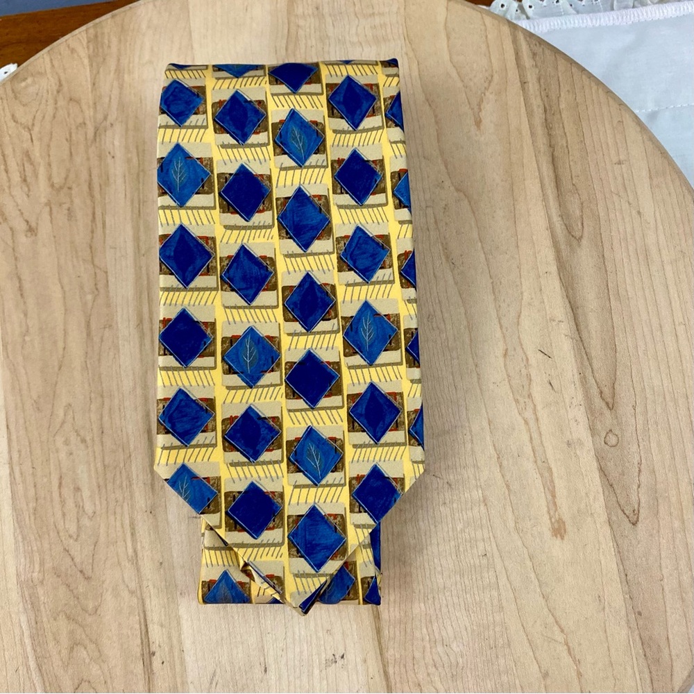 Ermenegildo Zegna Men Tie Woven 100% Silk Yellow Blue Geometric Floral‎ Abstract